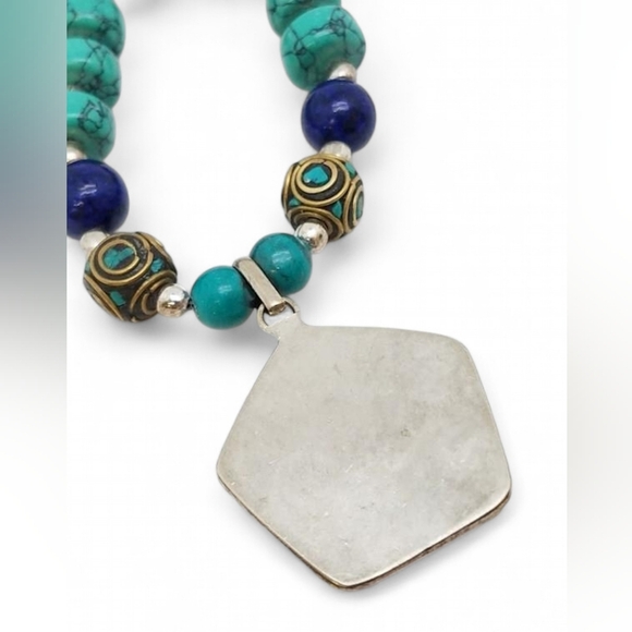 Multi-Stone Inlay Beaded necklace - Turquoise, Coral, Lapis & Silver look. - Picture 4 of 6